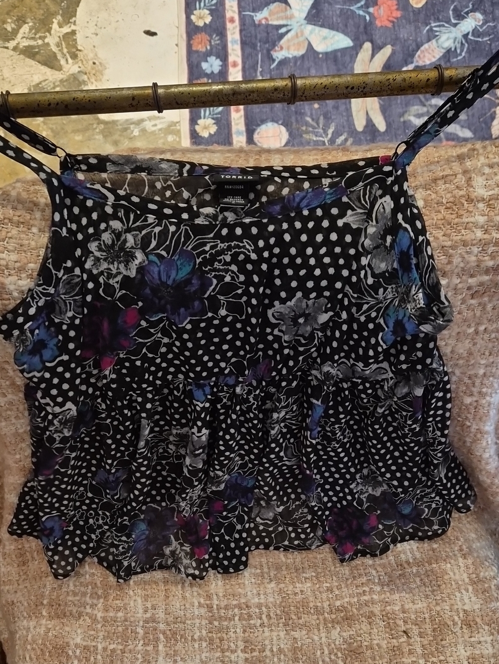Torrid, Size 0?, Black Floral & Polka Dot Ruffled Cami, Adjustable Straps